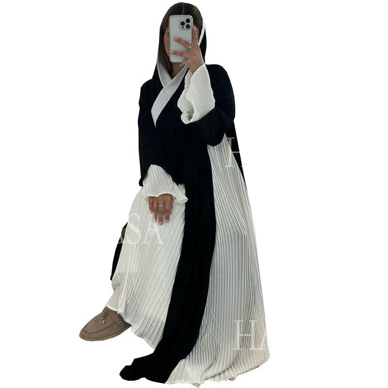 HS6567 Abaya Long Cardigan Coat with Pleated Panels