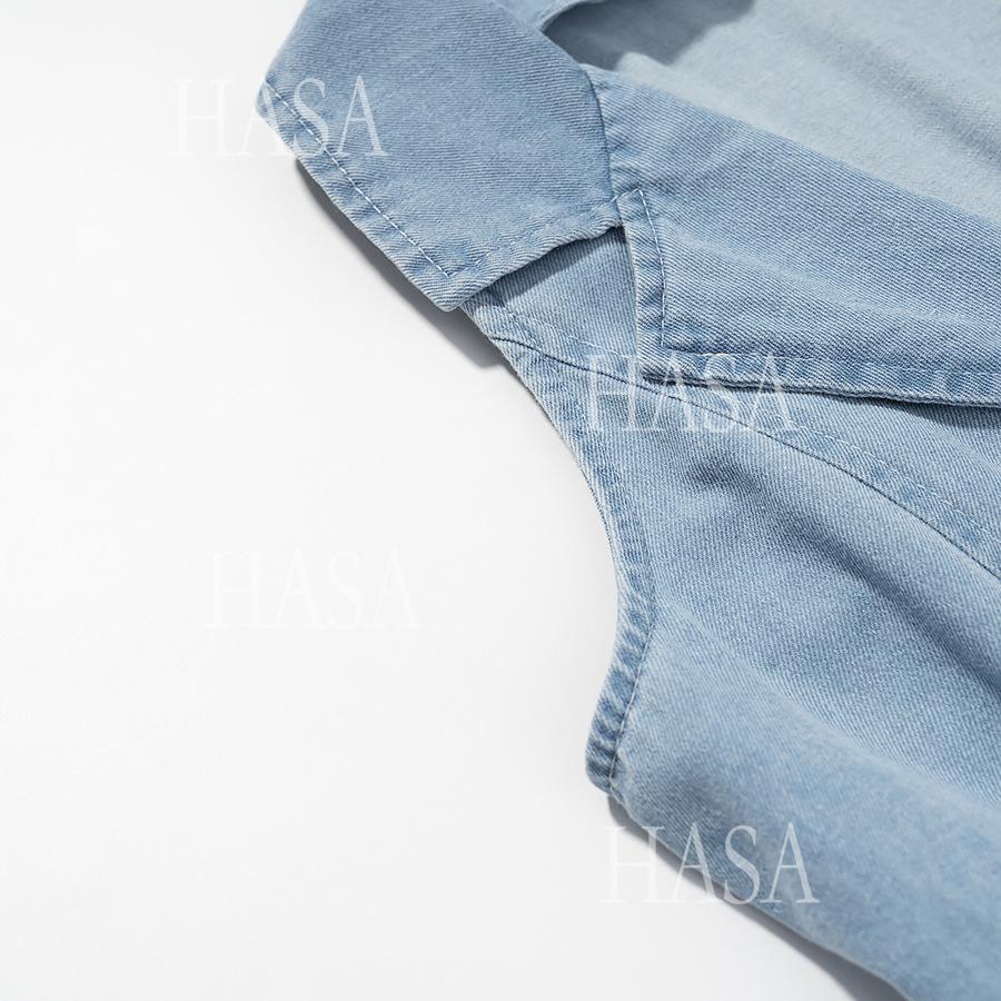 HASA HS6775 Elegant V Neck Button Front Denim Dress