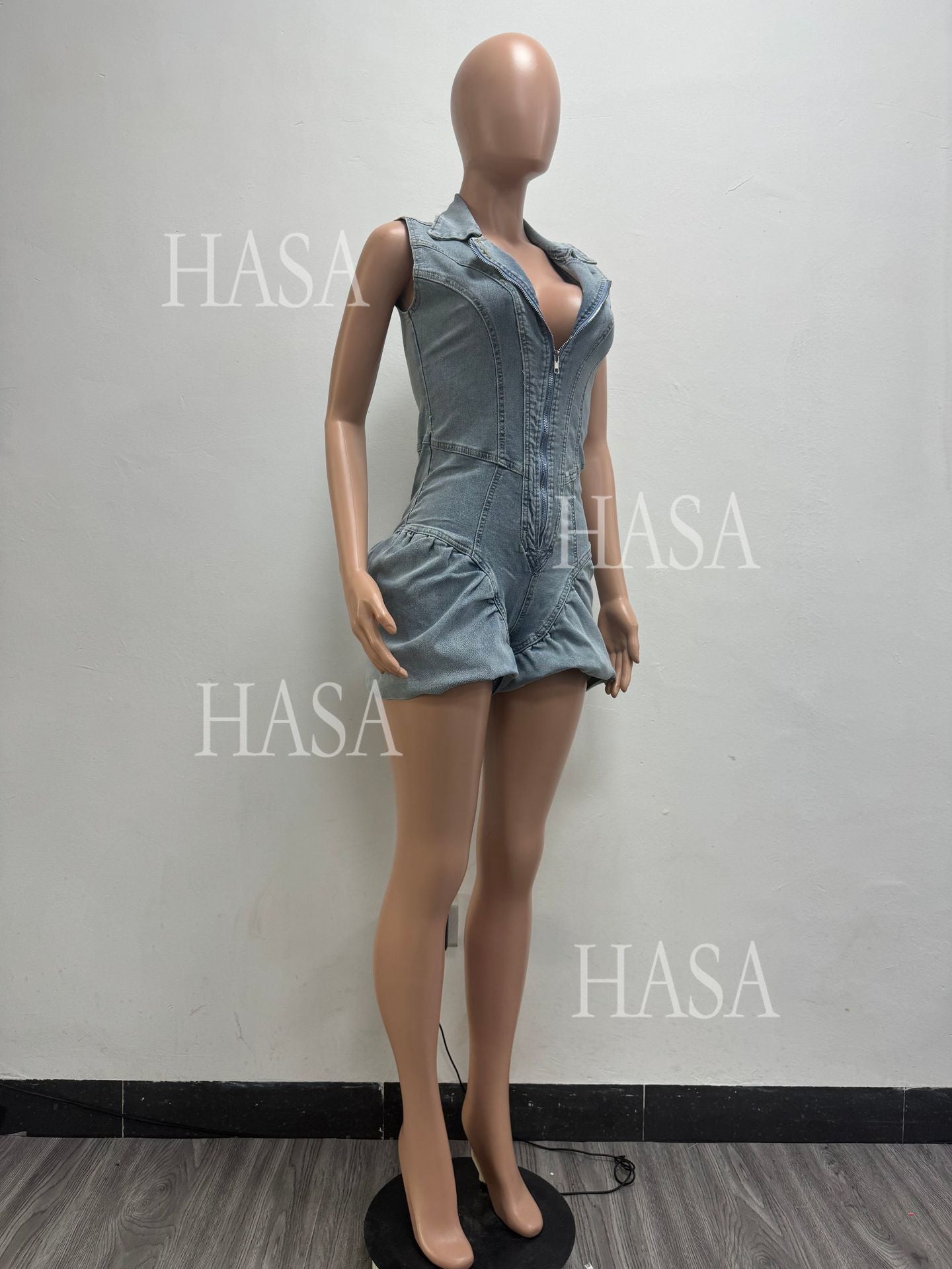 HASA HS6296 Bold Collared Denim Romper with Flattering Waist Detail