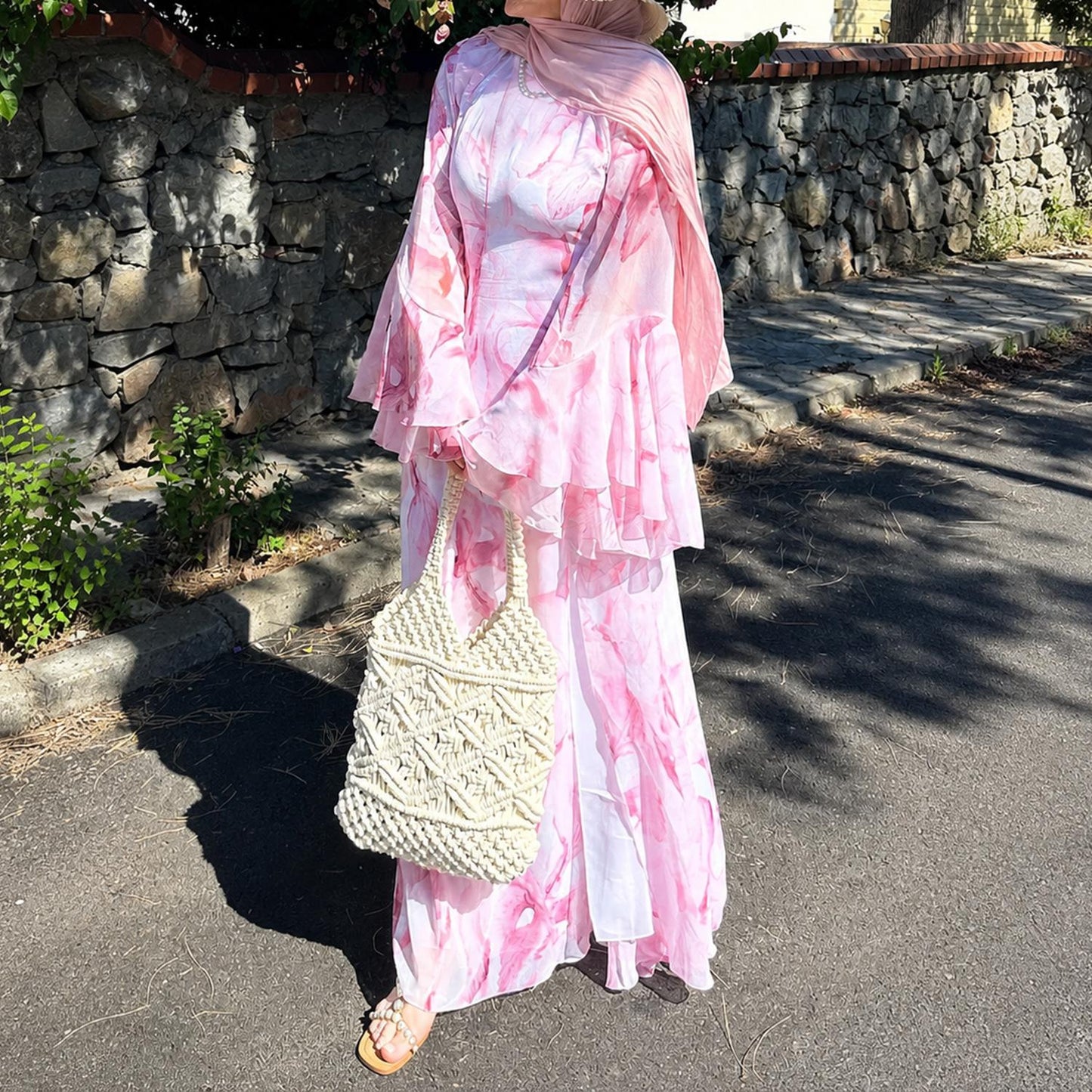 HASA HS6811 Chiffon Floral Maxi Dress Flare Ruffle Sleeve Elegant Long Dress for Women Daily Party Wear