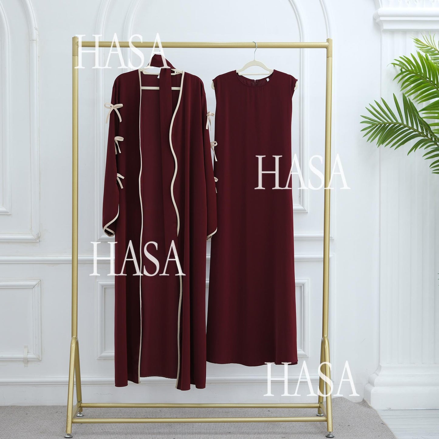 HS5883  A Two-piece Robe and Skirt Set with A Soft Bow and A Belt Design open abaya outfit