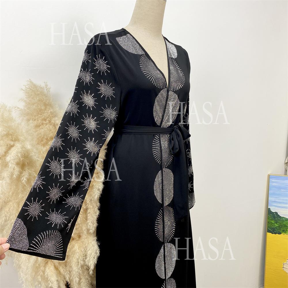 HS6588 Black Cardigan Dress with Rhinestone Embellishment and Pockets
