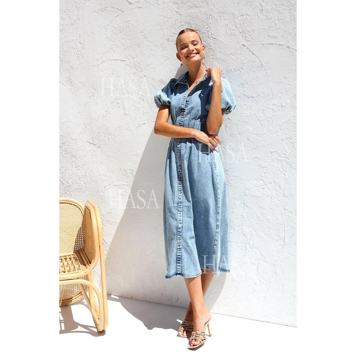 HASA HS6797 Elegant Puff Sleeve Denim Maxi Dress