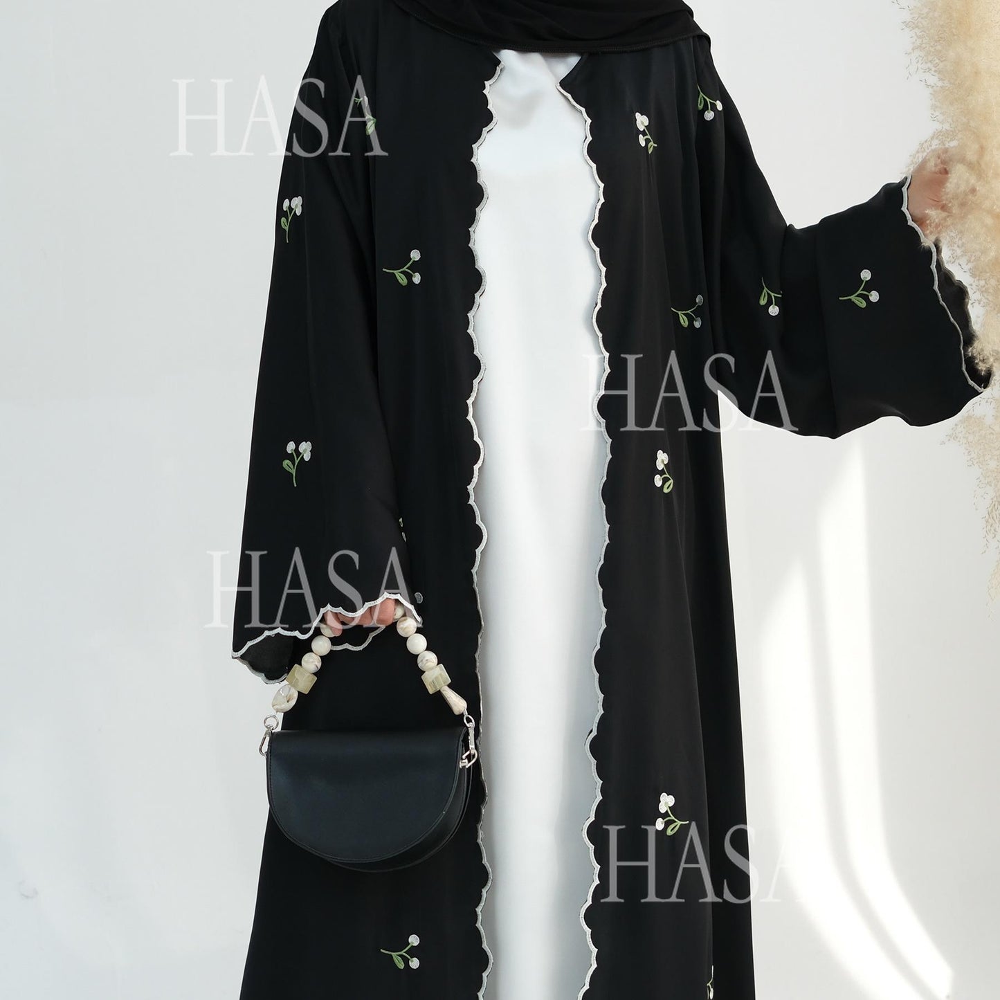 HS6472 Longline Cardigan with Delicate Floral Details and Curved Edging