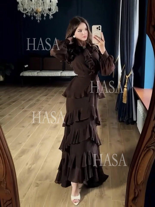 HS6733 Flowy Elegant Maxi Dress with Cascading Ruffles