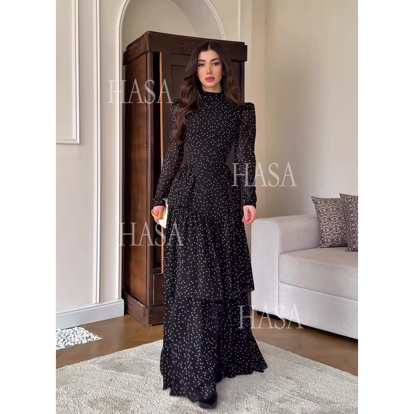 HASA's Series HS6743 Chic Black Polka Dot Long Dress High Neck Long Sleeve Maxi Dress