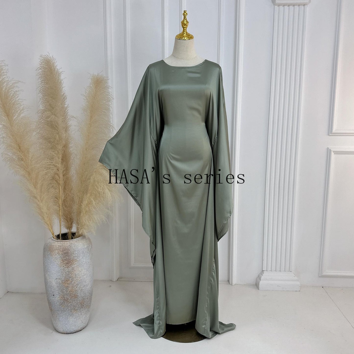 HS1504 Satin Batwing Sleeve Kaftan with Inner Belt