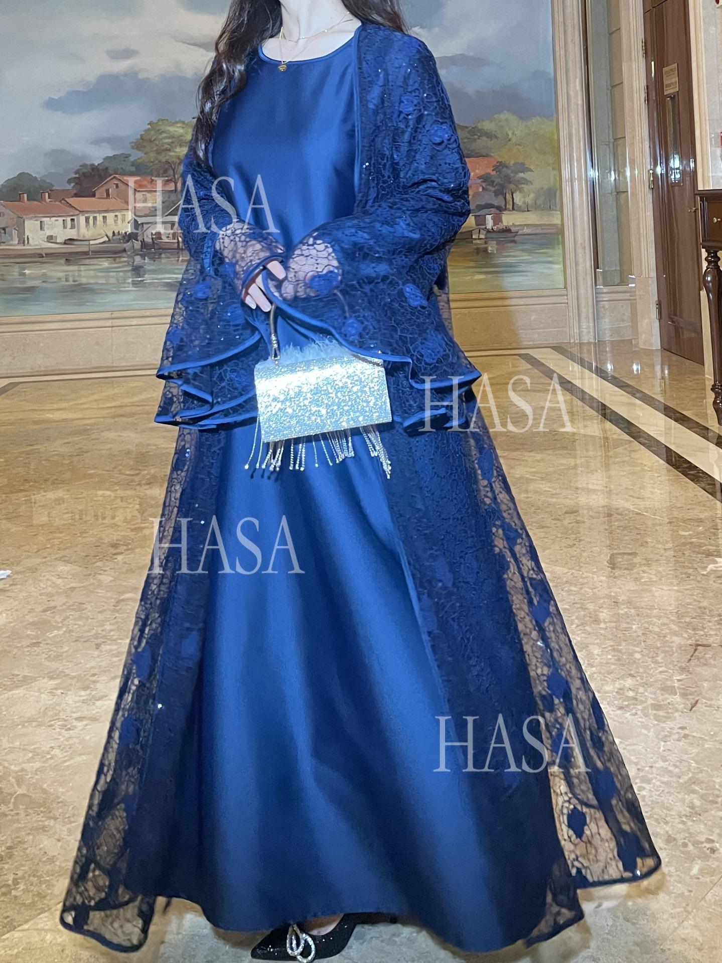 HS6488 Two-piece long dress with flared sleeves and lace sequined cape