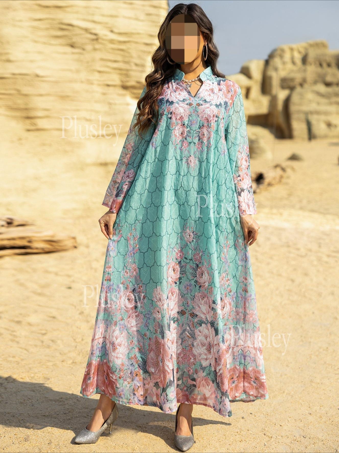 HS6636 Floral Print Embroidered Long Dress