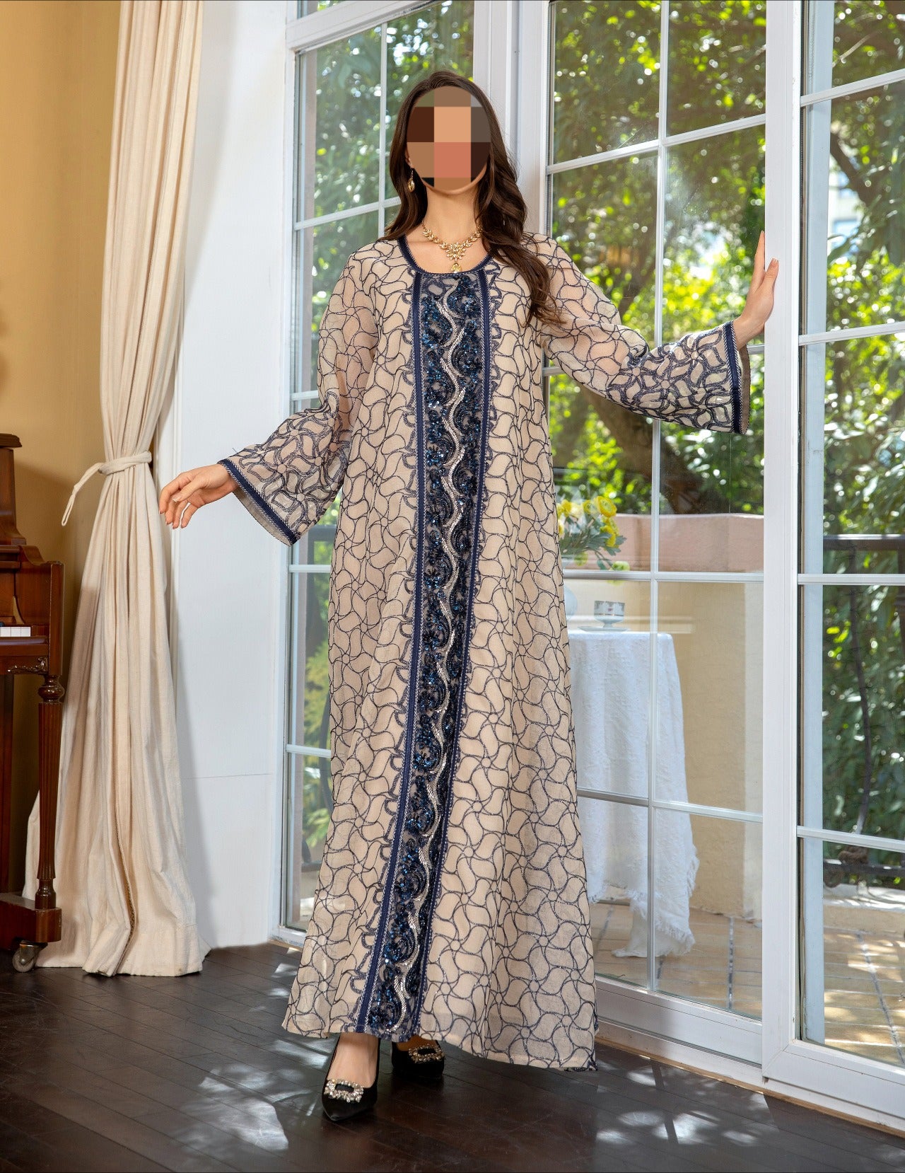 HS6668 A Simple and Elegant Long Dress Adorned with Mesh Embroidery.