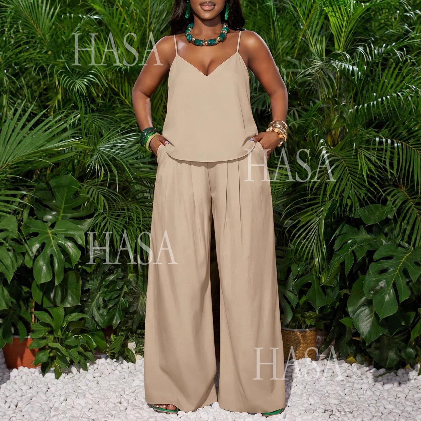 HASA HS6793 Soft Luxury Sleeveless Top and Flowy Pants Outfit