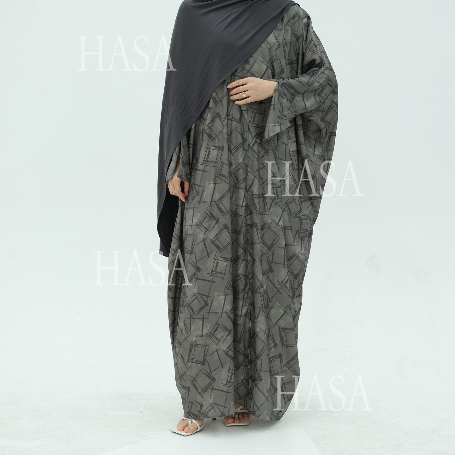 HS6504 Grey geometric print long cardigan Abaya (headscarf not included)