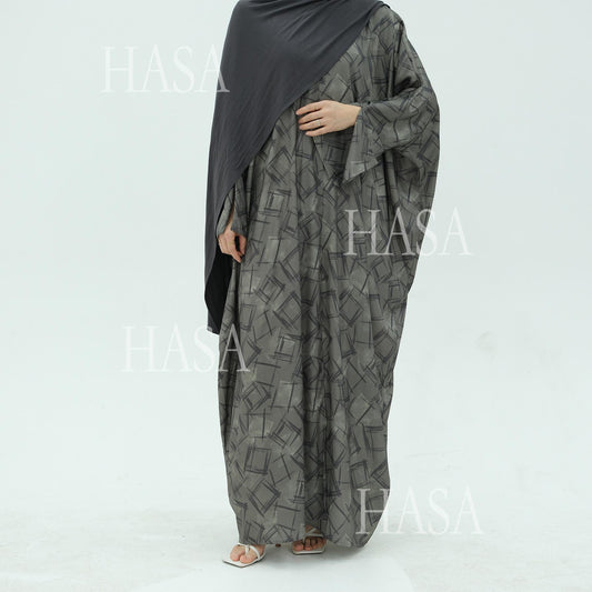 HS6504 Grey geometric print long cardigan Abaya (headscarf not included)