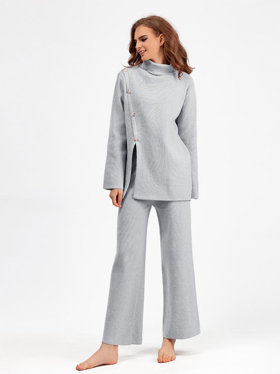 HS0553 Two-Piece Set High-Neck Sweater and Casual Wide-Leg Trousers
