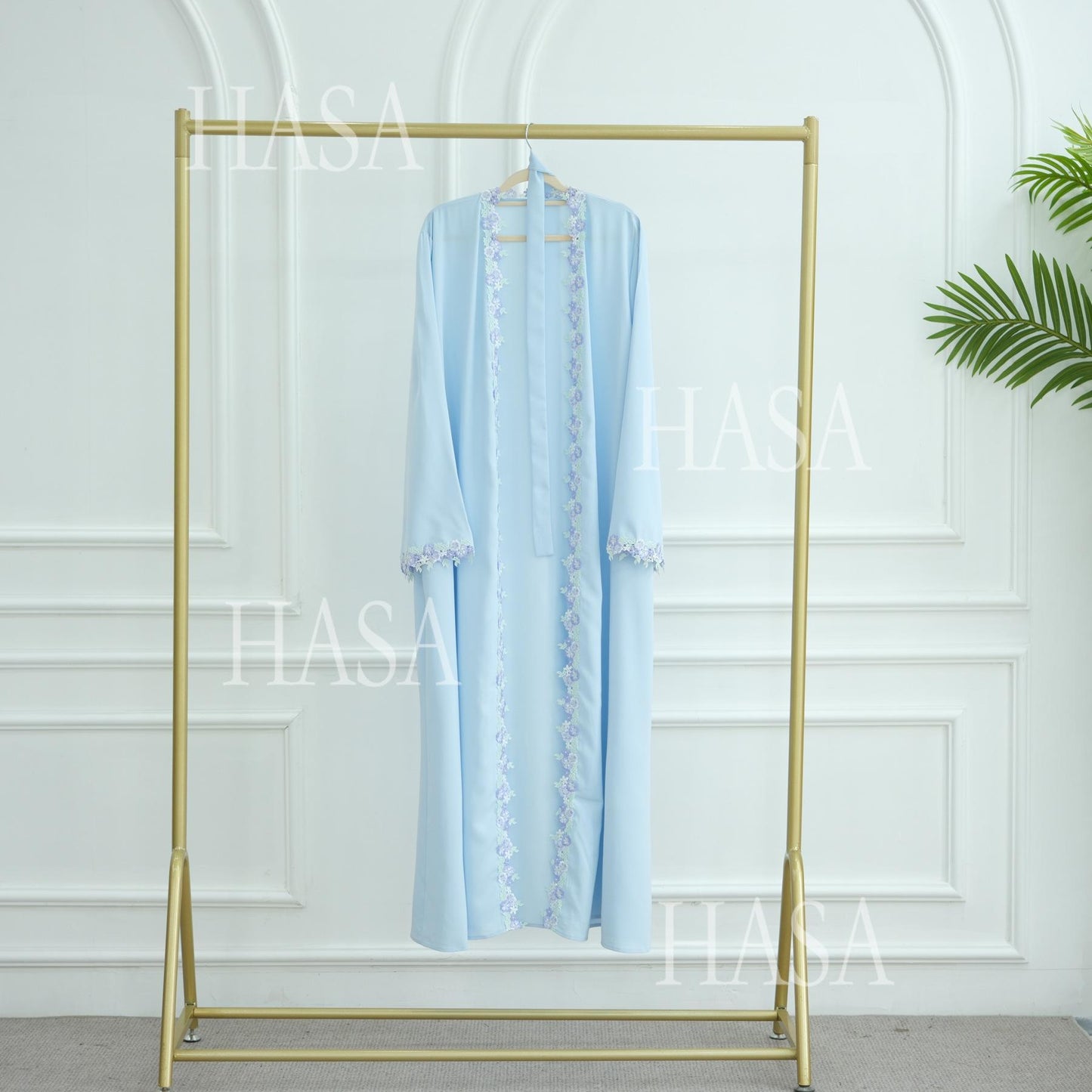 HS6562 Blue Bow Embroidered Abaya Tunic Cardigan