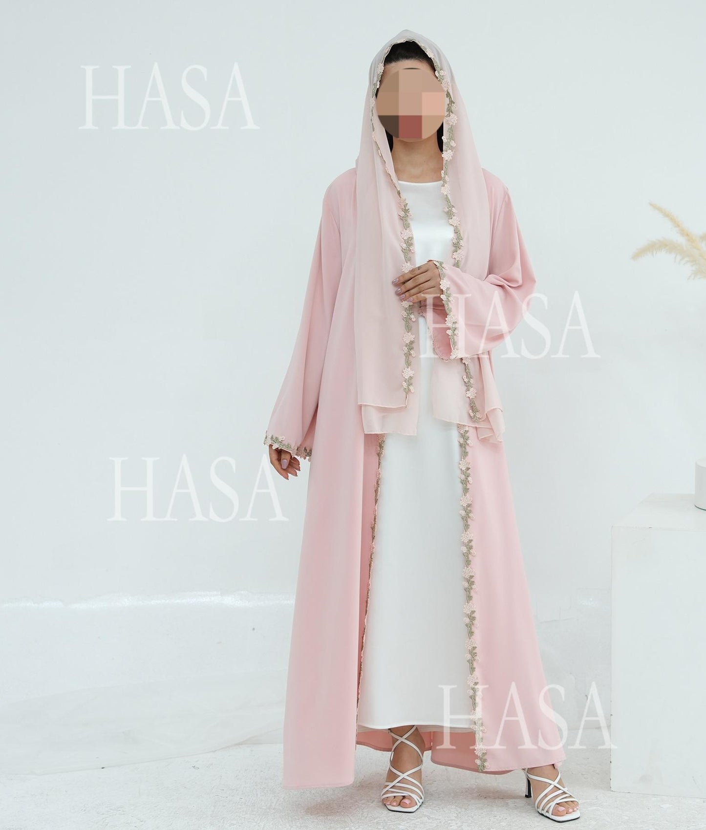 HS6618 Pink Flower Stitching Cardigan Two-Piece Set (Including Headscarf)
