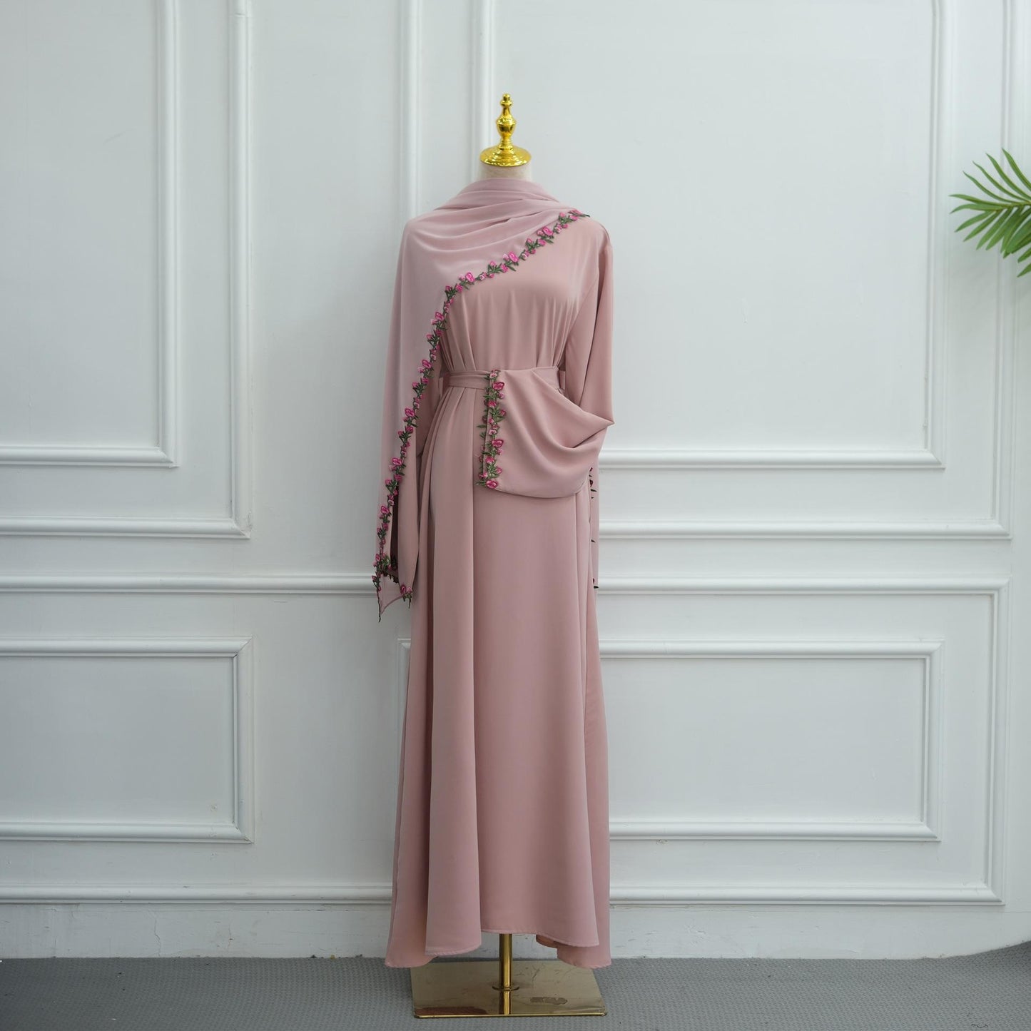 HASA HS6814 Loriya Pink Lace Stitching Two-piece Dress + Headscarf