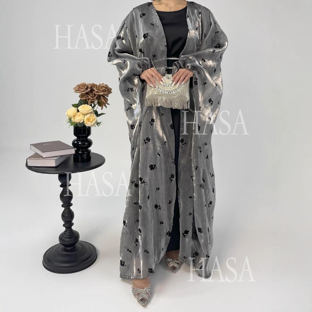 HS6536 Elegant Rose Pattern Abaya Outer Dress Set