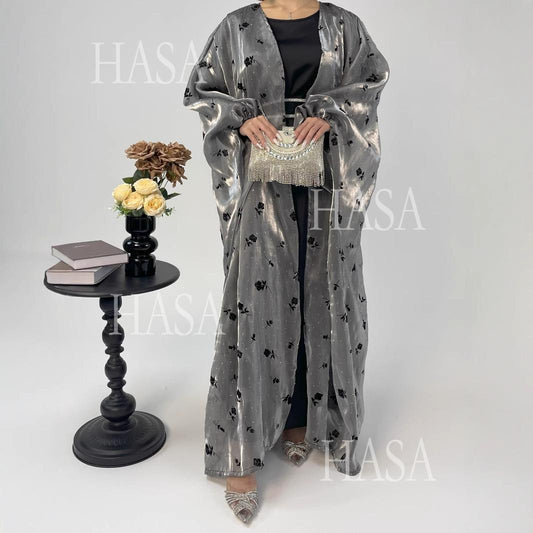 HS6536 Elegant Rose Pattern Abaya Outer Dress Set