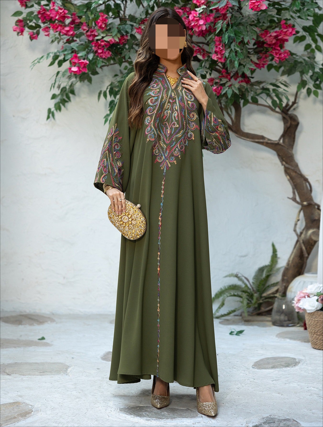 HS6669 Pullover Embroidered Robe Dress with Simple Long Sleeves