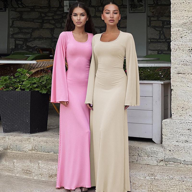 HASASERIES HS0676 Flared Long Sleeved High Waist Maxi Skirt with Lace-up Back