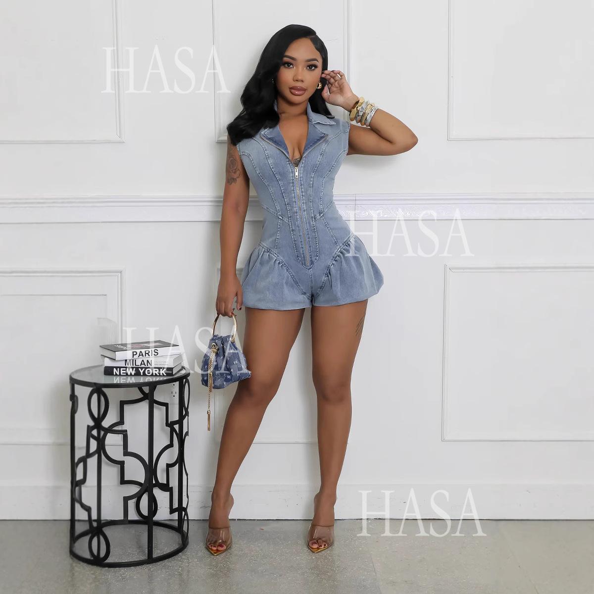 HASA HS6296 Bold Collared Denim Romper with Flattering Waist Detail