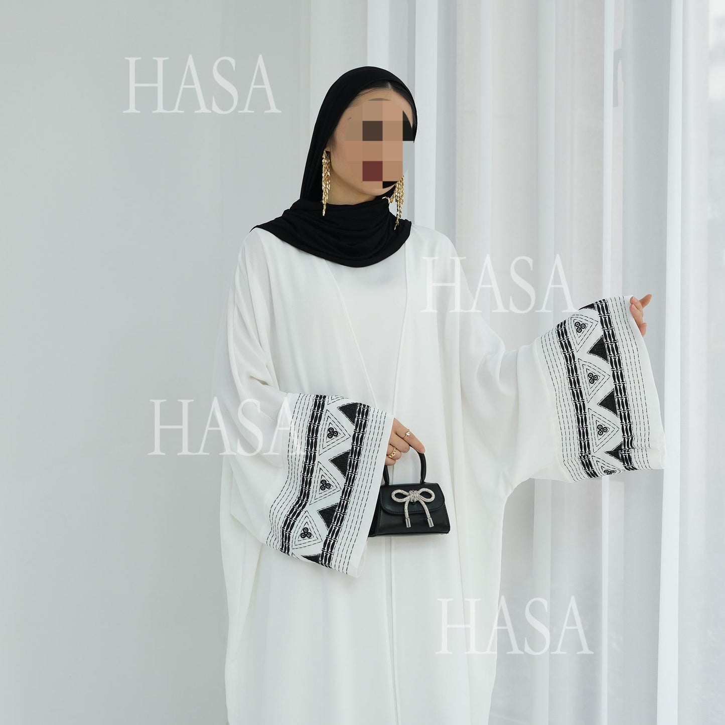 HASA's Series HS6506 Long Wide Sleeve Embroidered Robe Cardigan (No Headscarf)