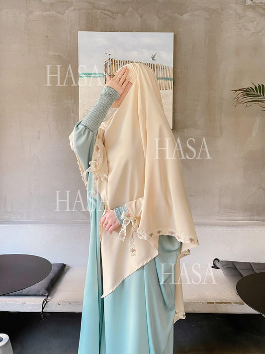 HS6569 Bow-decorated Solid Color Single-layer Headscarf with Three-layer Embroidery