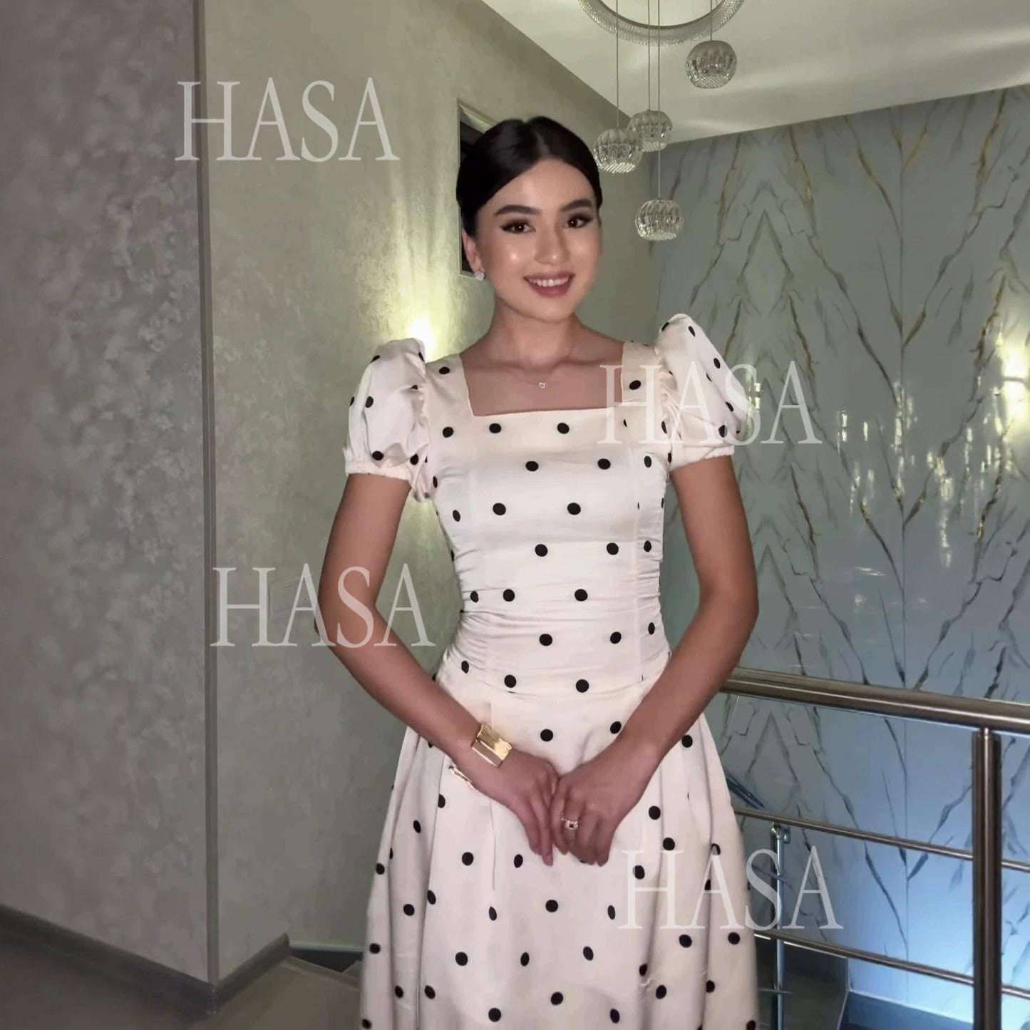 HASA HS6752 Feminine High Waist Flowy Evening Dress