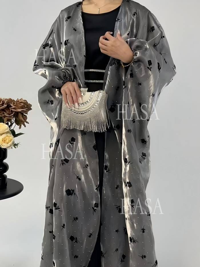 HS6536 Elegant Rose Pattern Abaya Outer Dress Set