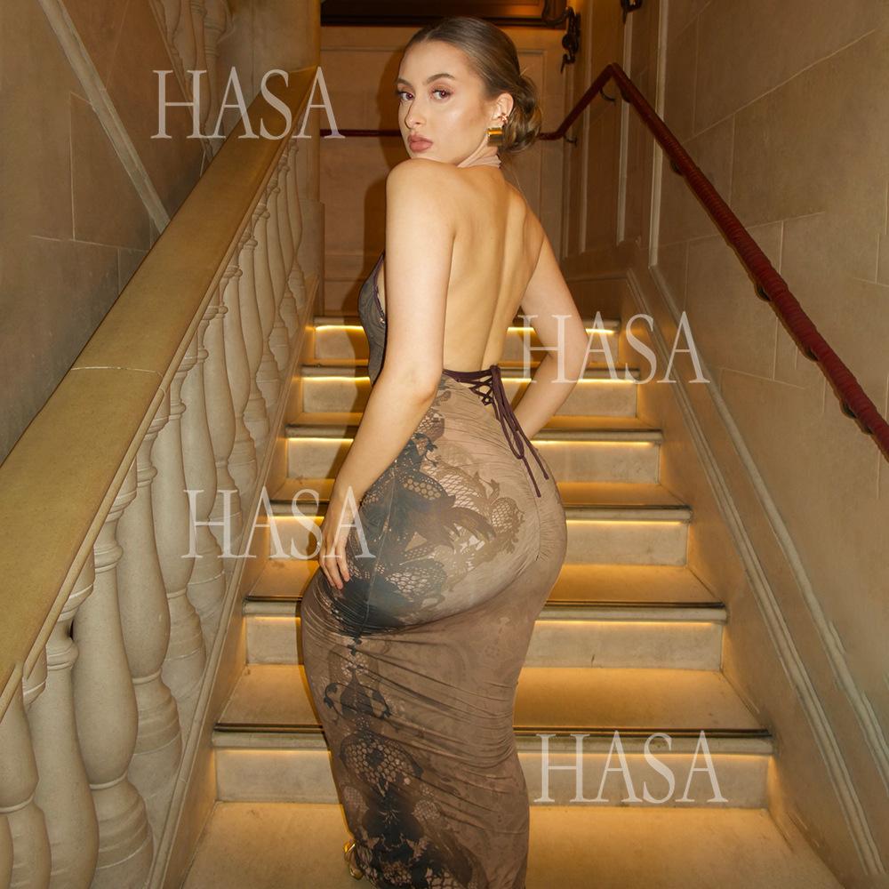 HASA HS6768 Elegant Open Back Slim Fit Maxi Dress