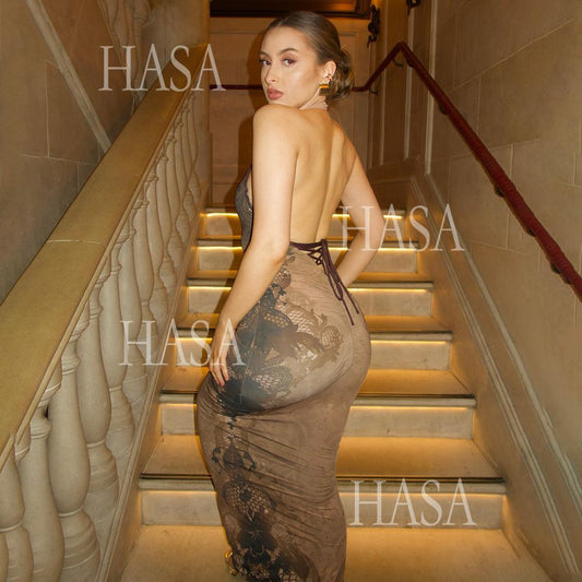 HASA HS6768 Elegant Open Back Slim Fit Maxi Dress