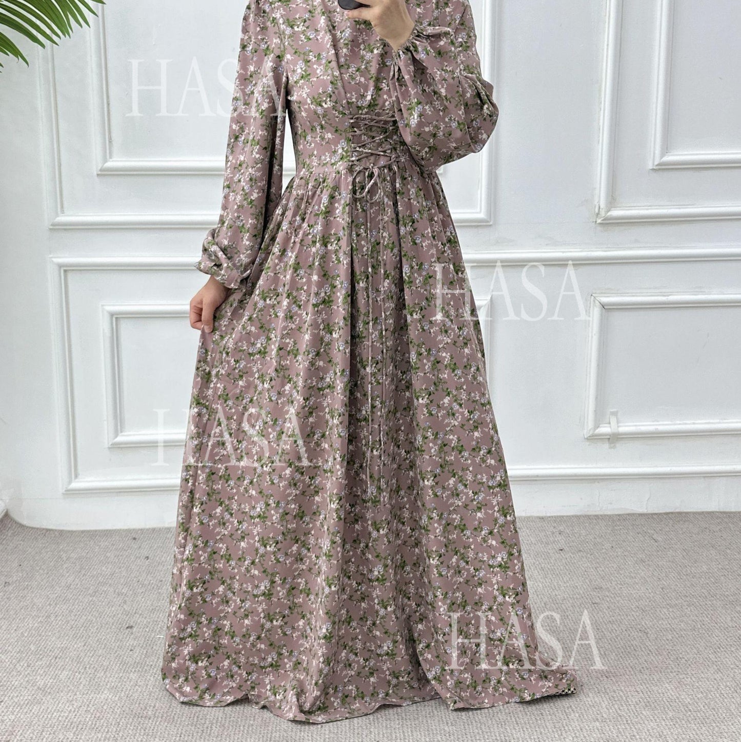 HS6489 Long-sleeved Floral Maxi Dress with Natural Waist