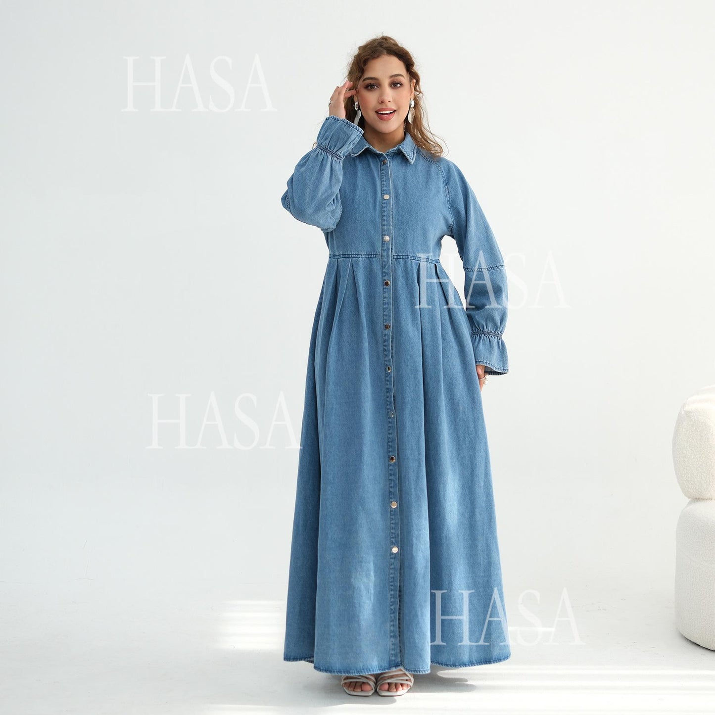 HASA HS6806 Chic Button Front Denim Maxi Dress