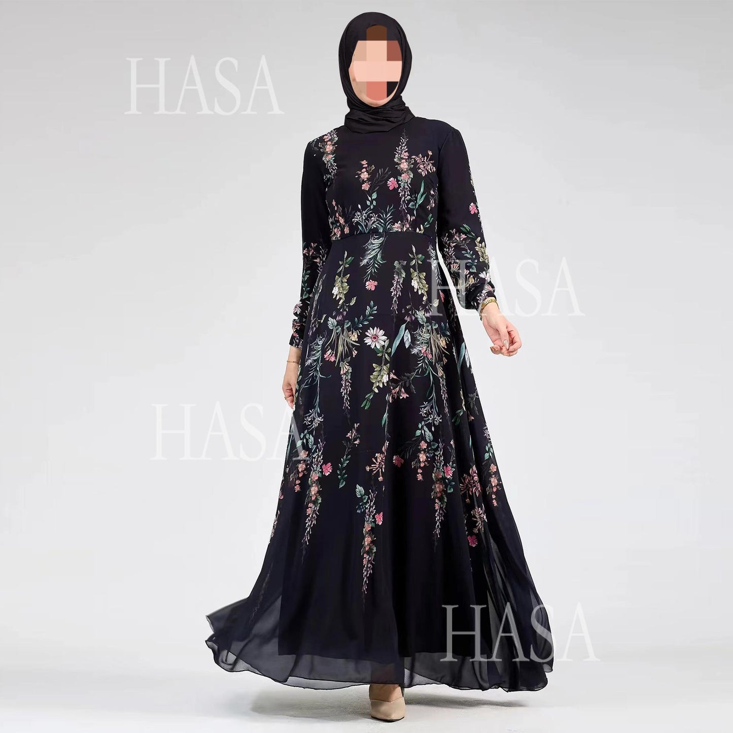 HS6531 Chiffon Printed Ankle-Length Maxi Dress with Long Sleeves