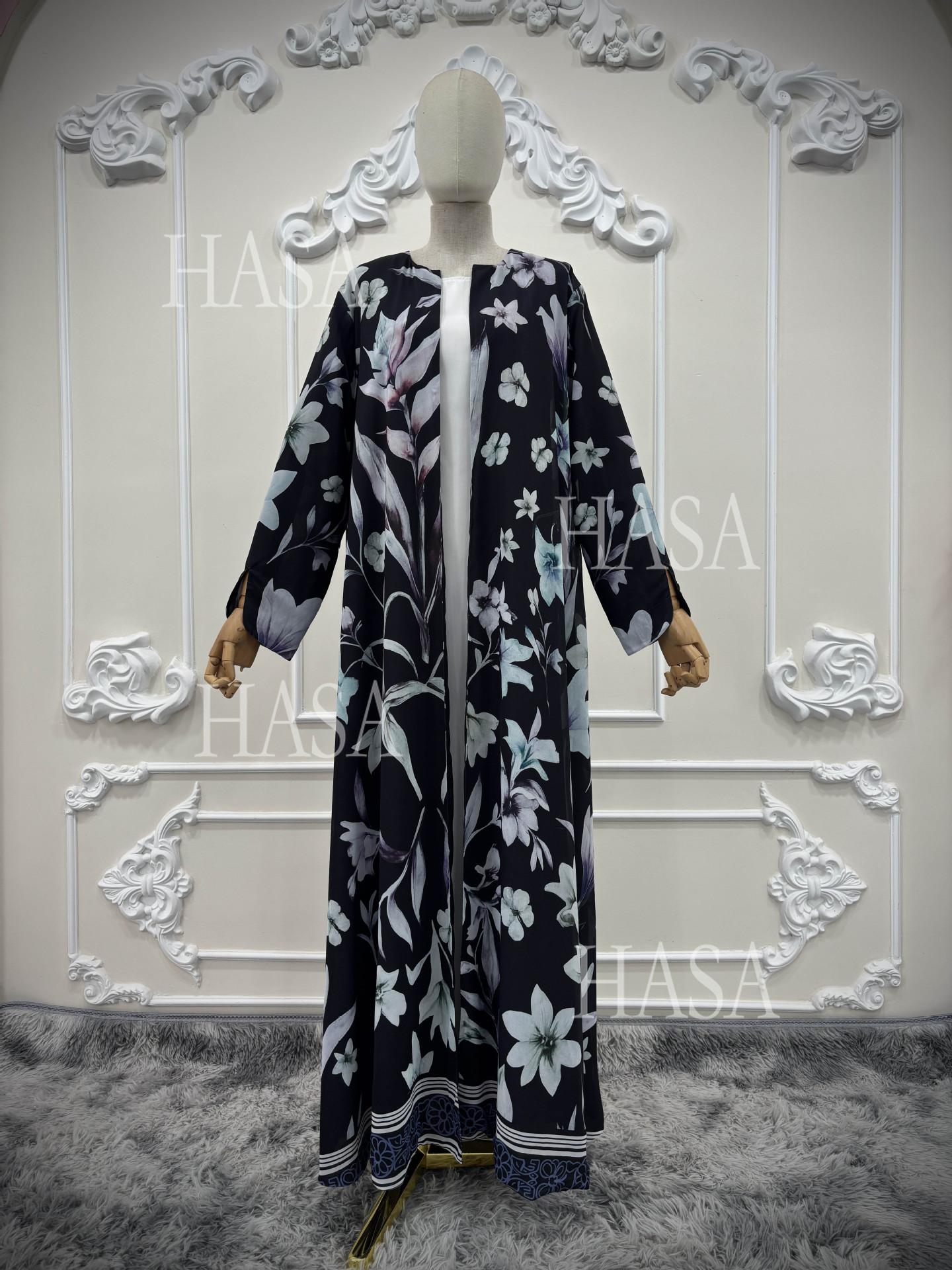 HASA HS6810 Luxury Floral Open Front Abaya Set