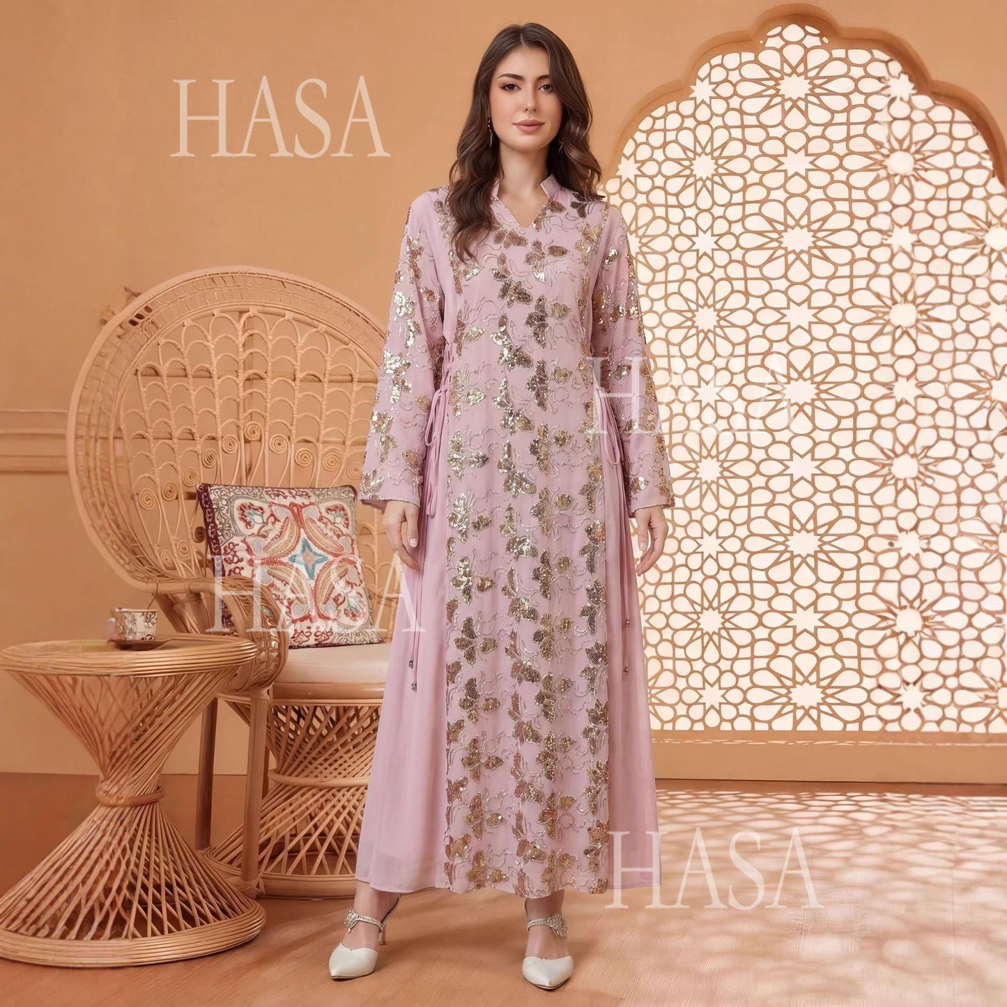 HASA HS6762 Elegant Waist Tie Occasion Abaya