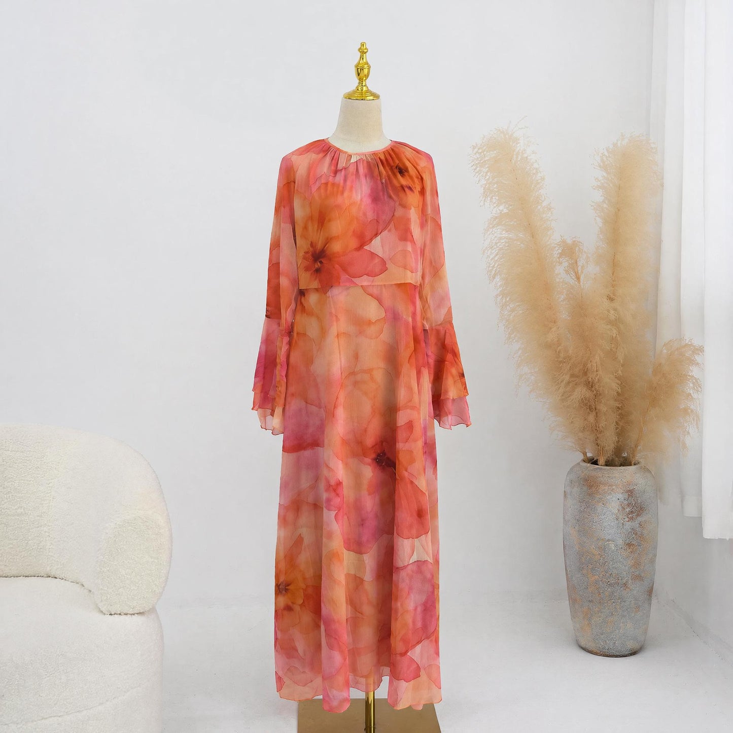 HASA HS6811 Chiffon Floral Maxi Dress Flare Ruffle Sleeve Elegant Long Dress for Women Daily Party Wear