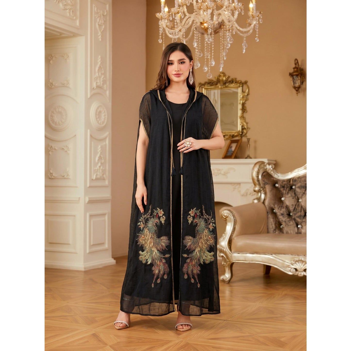HASA HS6763 Elegant Tassel Hooded Maxi Ensemble
