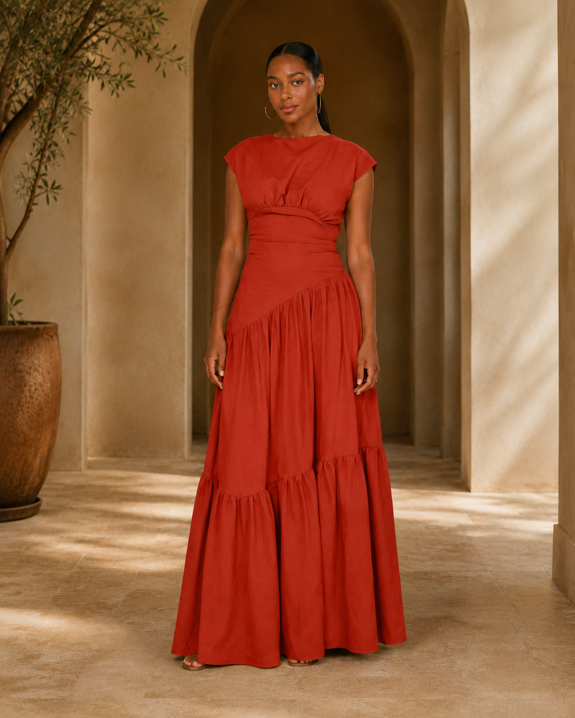 HS1641 Women's Sleeveless Pleated Loose Fit Maxi Dress
