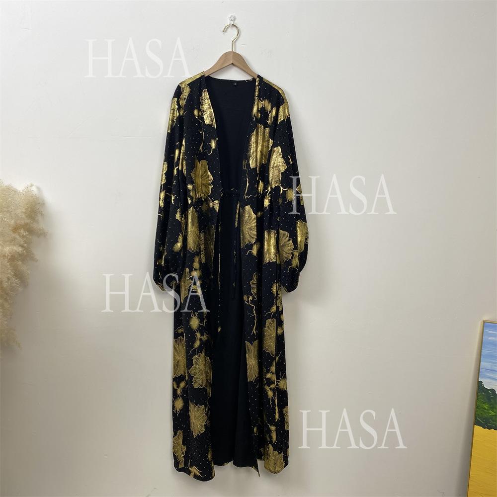 HS6589 Gold-stamped long cardigan with a flowing design