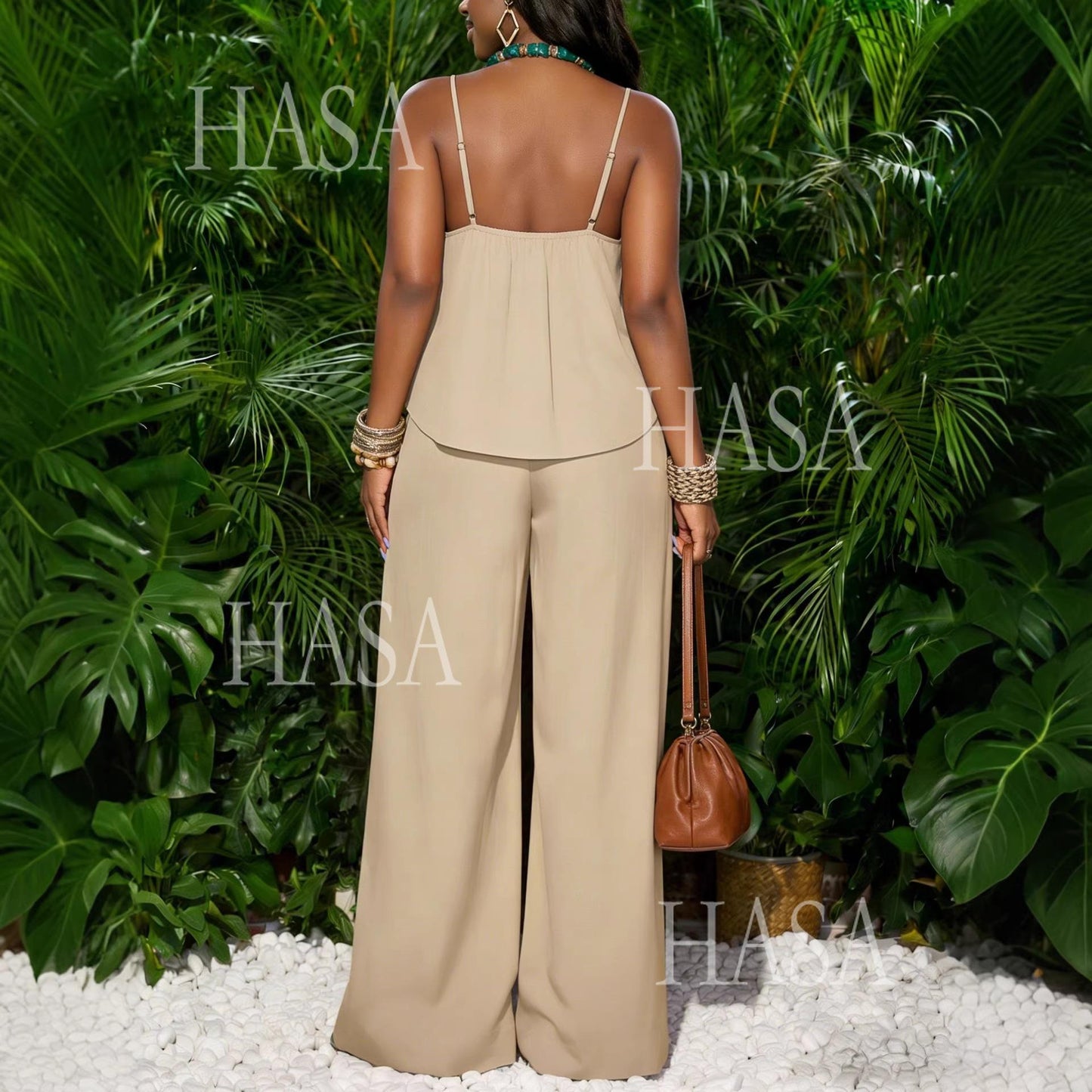 HASA HS6793 Soft Luxury Sleeveless Top and Flowy Pants Outfit