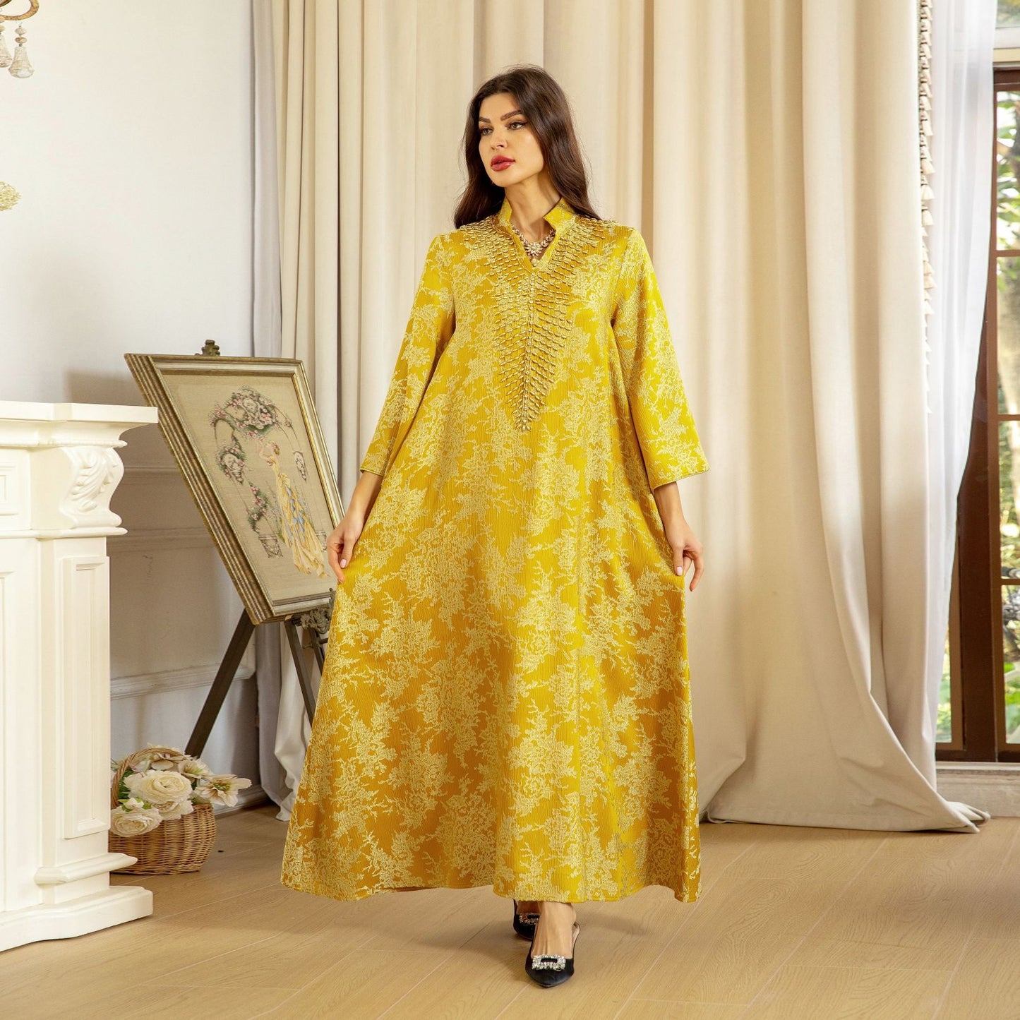 HS6660 Jacquard fabric embroidered beaded robe dress with rich design features