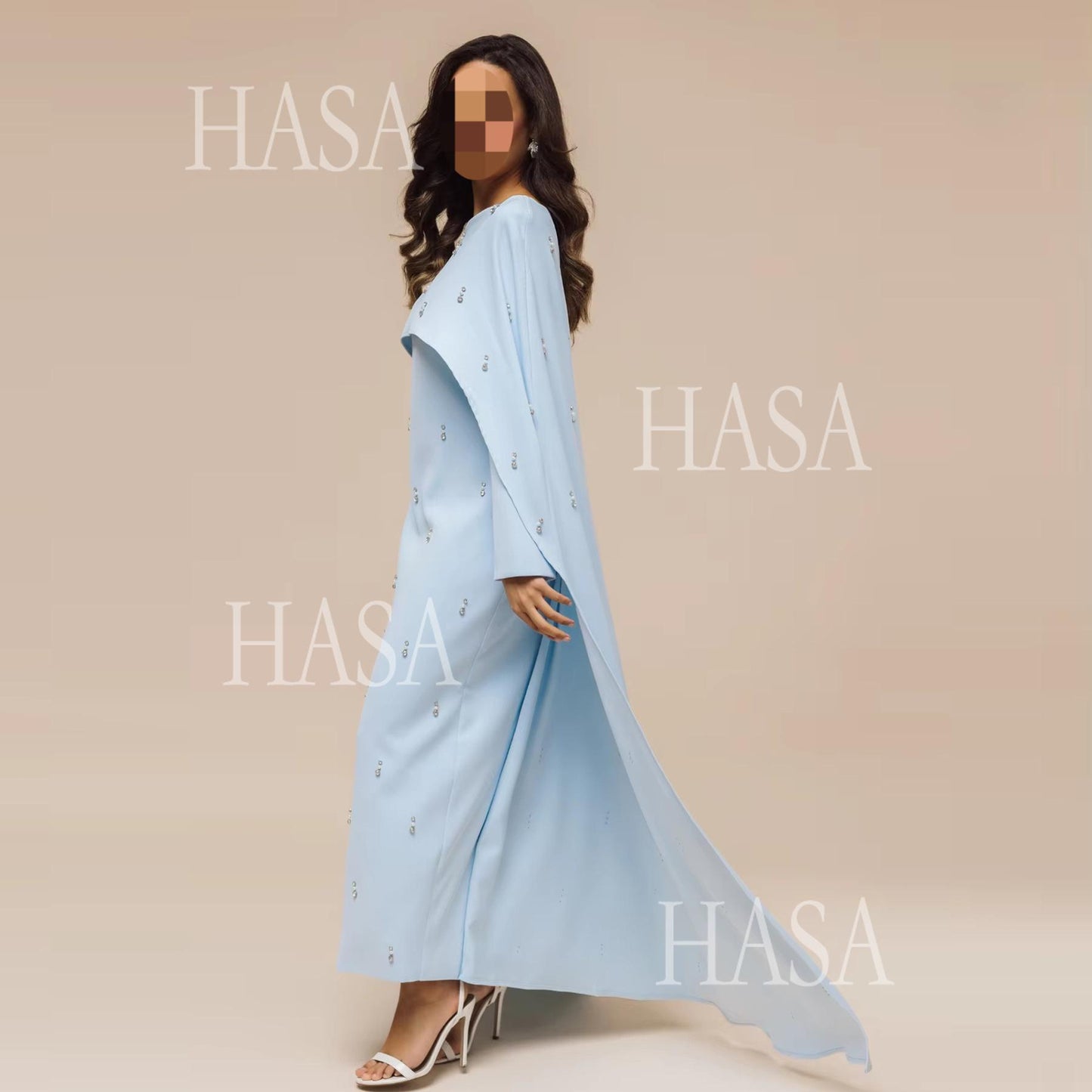 HS6505 Solid color beaded long dress with fake two-piece design