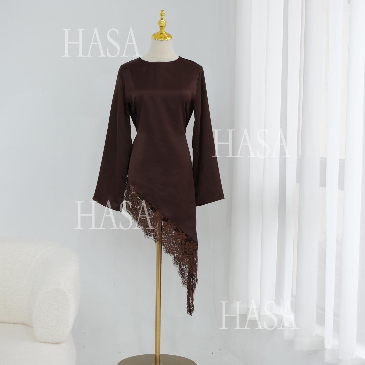 HASA HS6784 Soft Luxury Asymmetric Modest Top with Lace Detail