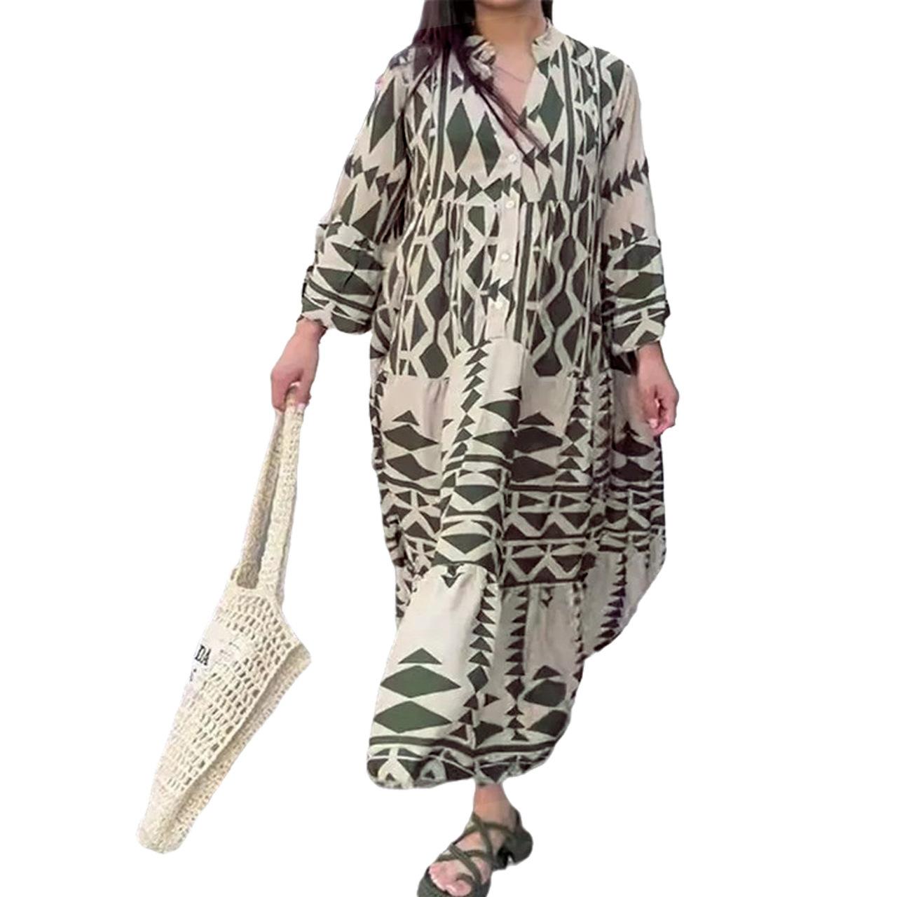 HS0469 Ladies Elegant Printed Shirt Skirt Bohemian Dress