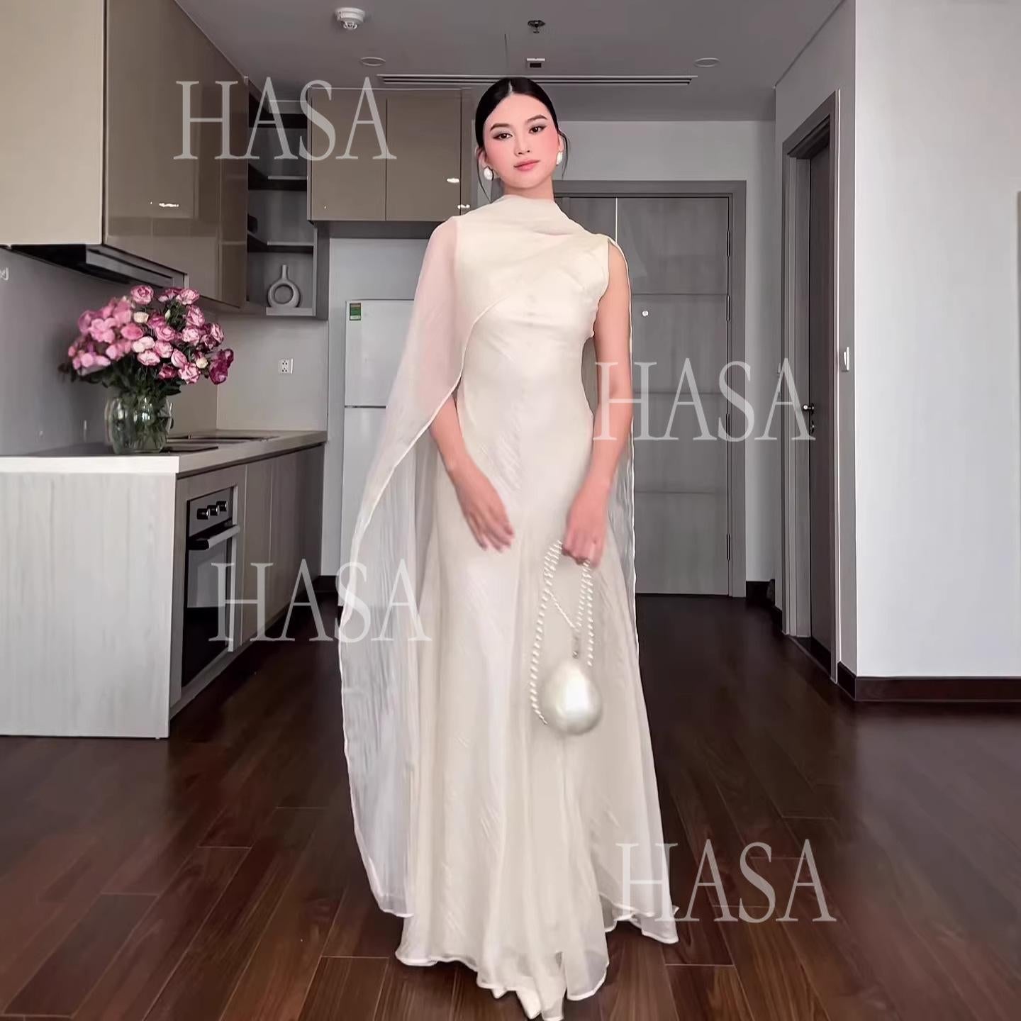 HS6742 Luxury High Neck Cape Dress Flowy Floor-Length Evening Maxi Gown