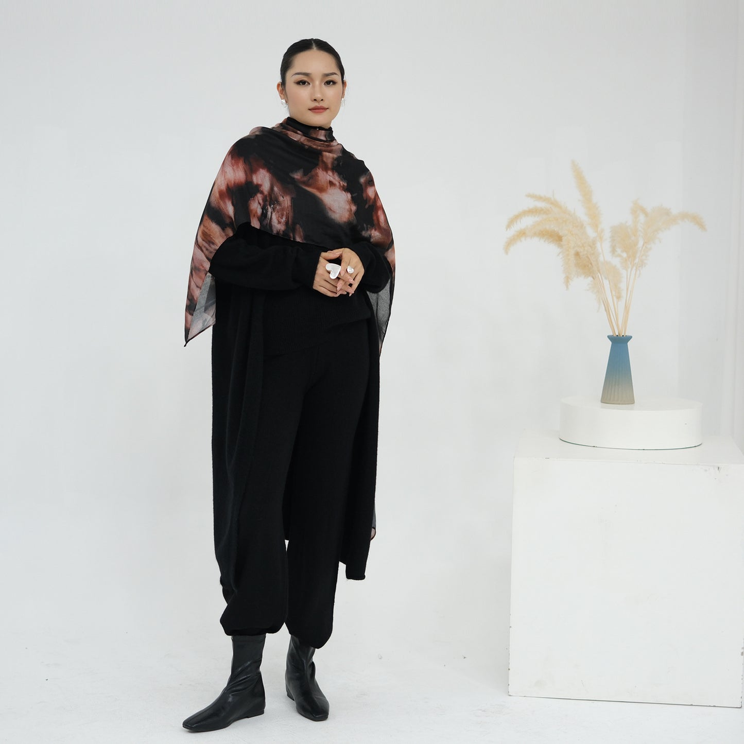 HS6603 Thickened knitted three-piece long coat set (with optional headscarf)