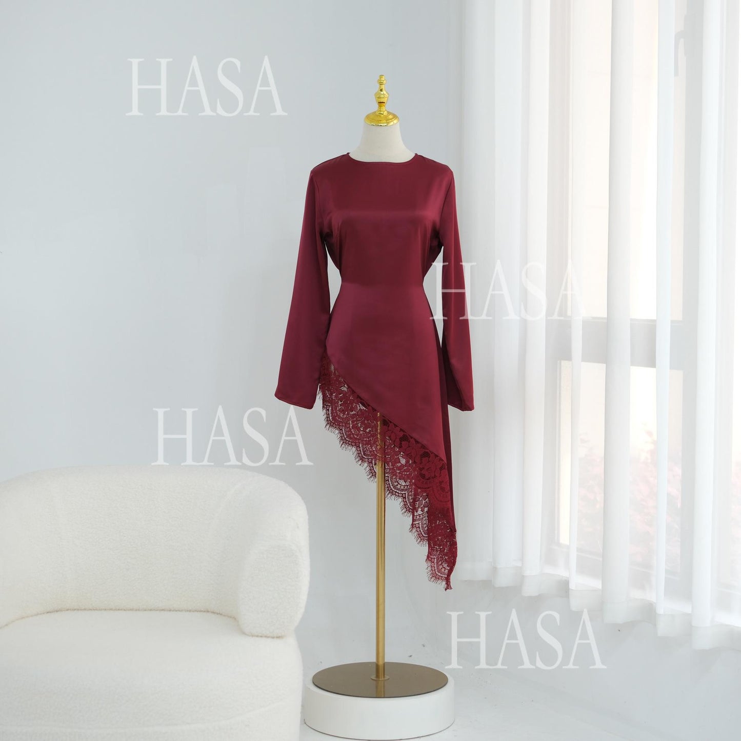 HASA HS6784 Soft Luxury Asymmetric Modest Top with Lace Detail