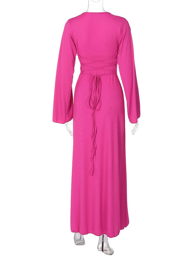 HASASERIES HS0676 Flared Long Sleeved High Waist Maxi Skirt with Lace-up Back